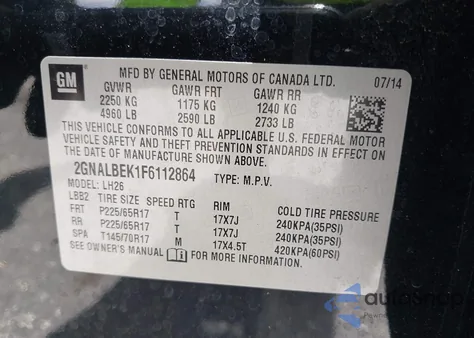 2015 Chevrolet Equinox 1Lt из США, поврежденный, VIN 2GNALBEK1F6112864